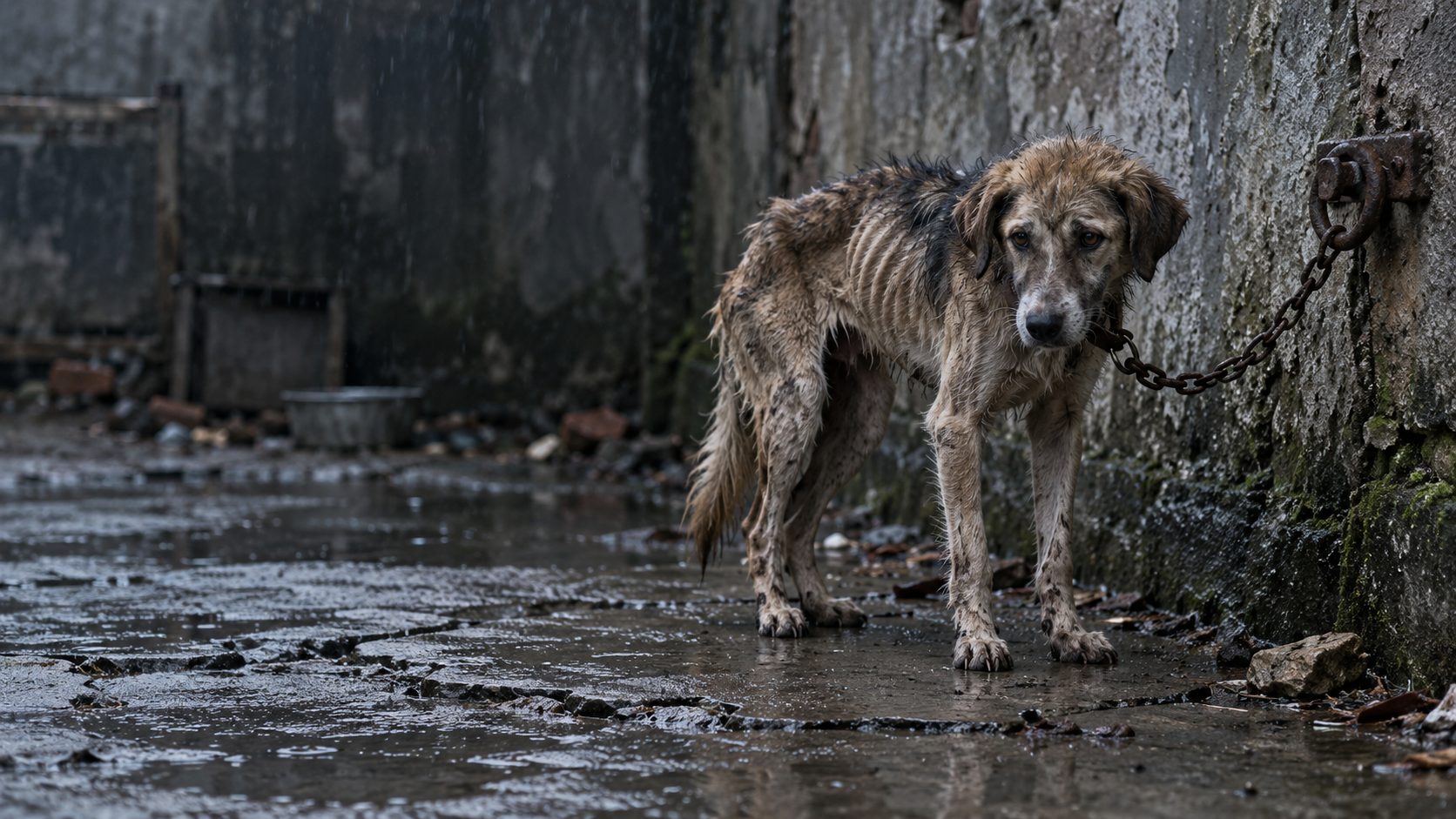 Abgemagerter, angeketteter Hund im Regen in einem grauen Hinterhof